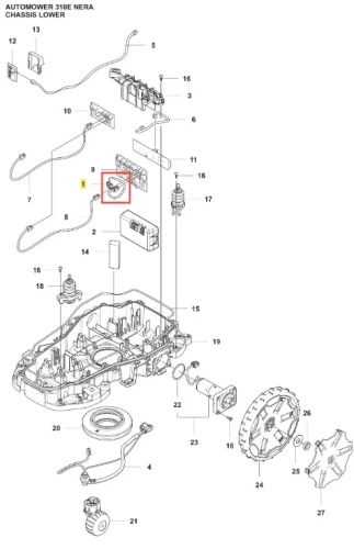 Kabel robota koszącego Automower 310E NERA Husqvarna, czarny, elastyczny, widoczny w dolnej części podwozia. Zdjęcie przedstawia szczegóły montażowe, w tym złącza oraz elementy obudowy, widok z góry, na jednolitym tle.