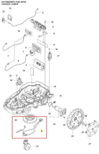 Wiązka przewodów robota koszącego Automower 310E Husqvarna, element nr 20, elastyczne czarne przewody z mocowaniami i złączami elektrycznymi, na tle schematu montażowego.