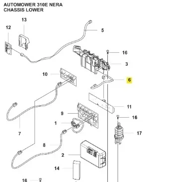 Kabel can robota koszącego Automower 310E NERA Husqvarna, w formie przewodu elektrycznego, czarny, w zbliżeniu, widoczny w kontekście podzespołów. Zawiera złącza elektryczne i elementy mocujące, rozmieszczone na tle schematu chasis dolnego.