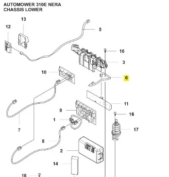 Kabel can robota koszącego Automower 310E NERA Husqvarna, w formie przewodu elektrycznego, czarny, w zbliżeniu, widoczny w kontekście podzespołów. Zawiera złącza elektryczne i elementy mocujące, rozmieszczone na tle schematu chasis dolnego.