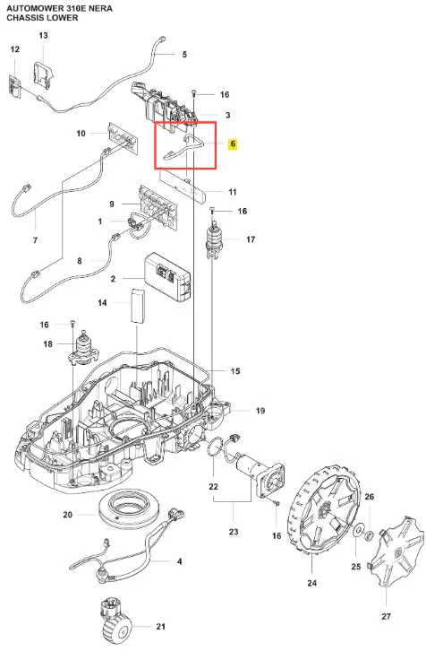Kabel do robota koszącego Automower 310E NERA Husqvarna, widok izometryczny. Cienki, elastyczny przewód w kolorze czarnym, zakończony wtyczkami. Ułożony wzdłuż dolnej części podwozia, na białym tle, z czytelnym oznaczeniem numeru elementu.