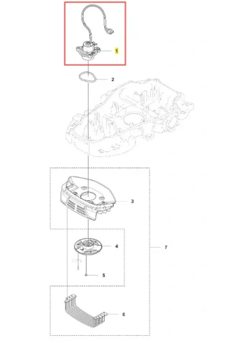 Zespół silnika robota koszącego Automower 310E NERA Husqvarna z góry, z cylindryczną podstawą i elastyczną rurką. Biały schemat bez napisów i logo podkreśla konstrukcję elementów.