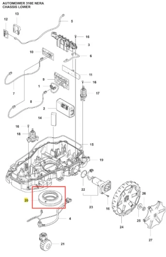 Tarcza robota koszącego Automower 310E NERA Husqvarna, okrągła, z wyraźnymi rowkami. Widoczne otwory do montażu, w kolorze czarnym. Ujęcie z boku, produkt przedstawiony w kontekście podzespołów robota, na prostym tle.