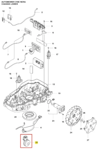 Koło robota koszącego Automower 310E NERA Husqvarna z detalami mechanicznymi: mocowania, złącza i przewody. Widok z góry na jasnym tle, z precyzyjnie zaznaczonymi częściami ułatwiającymi identyfikację.