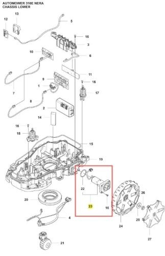 Silnik koła robota koszącego Automower 310E NERA Husqvarna, srebrno-szary, cylindryczny, z widocznym złączem, montażem i przewodami. Białe tło.
