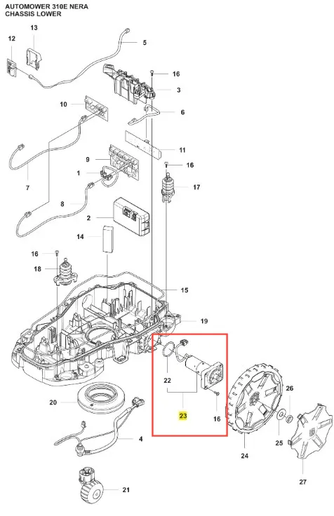 Silnik koła robota koszącego Automower 310E NERA Husqvarna, srebrno-szary, cylindryczny, z widocznym złączem, montażem i przewodami. Białe tło.