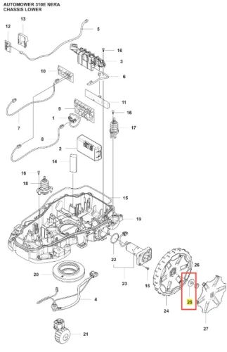 Szkielet dolny do robota koszącego Automower 310E Husqvarna, widoczny z góry, wykonany z tworzywa, z oznaczeniami, numerami części, otworami montażowymi i miejscami na elektronikę, bez dodatkowych detali i logo.