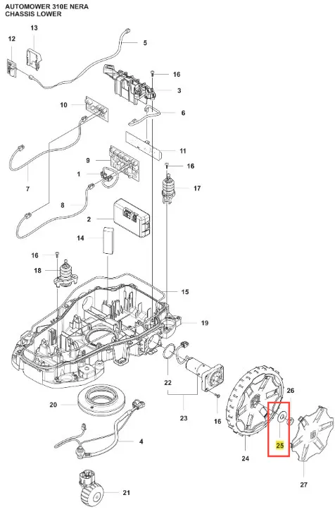 Szkielet dolny do robota koszącego Automower 310E Husqvarna, widoczny z góry, wykonany z tworzywa, z oznaczeniami, numerami części, otworami montażowymi i miejscami na elektronikę, bez dodatkowych detali i logo.