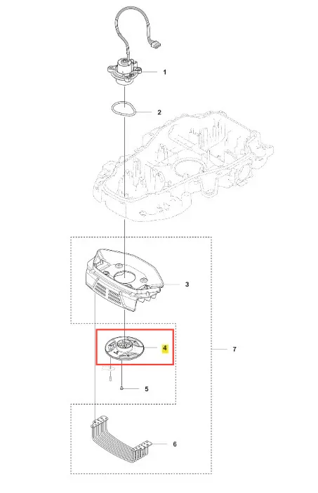 Dysk tnący do robota koszącego Automower 310E NERA Husqvarna, okrągły, metalowy, gładki, z wyraźnymi otworami na mocowanie. Widok z przodu, w ramce, z zaznaczeniem numeru części. Przeznaczony do precyzyjnego koszenia trawnika.