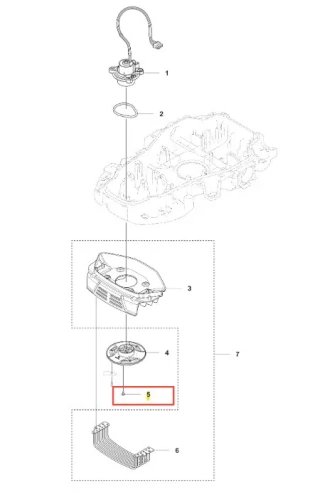 Śruba do robota koszącego Automower 310E NERA Husqvarna, metalowa, z gwintem. Widoczna w dolnej części schematu, oznaczona na czerwono. Obraz przedstawia ułożenie elementów w systemie, w tym różne komponenty silnika.