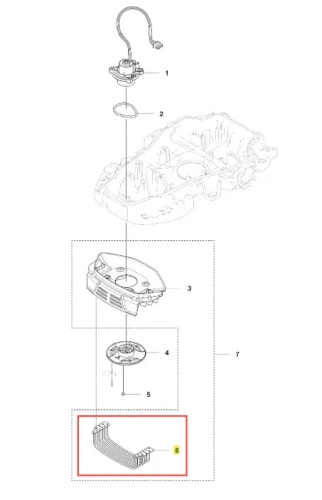 Szara osłona robota koszącego Automower 310E NERA Husqvarna, widoczna z boku, montowana na podstawie, wykonana z gładkiego tworzywa. Element nr 6 zaznaczony czerwonym prostokątem, proste tło dla czytelności.