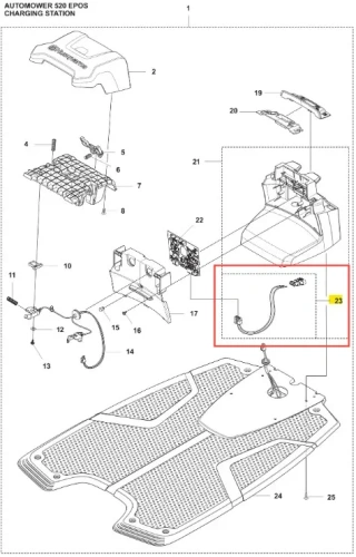 Części do robota koszącego Automower 520 EPOS Husqvarna na schemacie, z widoczną stacją ładowania oraz detalami technicznymi. Elementy oznaczone, w tym przewód złączeniowy i akcesoria. Tło białe, prosty układ dla lepszej czytelności.
