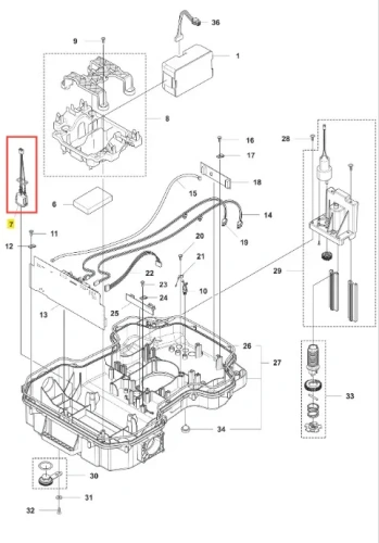Wyłącznik robota koszącego Automower 520 EPOS Husqvarna, z przewodami, w detalu. Element w formie pionowej, wyraźnie oznaczony na schemacie. Materiał: plastik, kolor: ciemnoszary. Widać przewody podłączone do obudowy z estetycznymi mocowaniami.