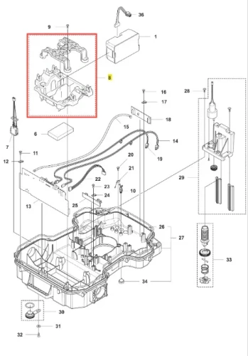 Schemat elementów uchwytu robota koszącego Automower 520 EPOS Husqvarna, z widocznym głównym korpusem i detalami montażowymi. Elementy są przedstawione w układzie z boku, na prostym tle. Widać różne mocowania oraz kable.