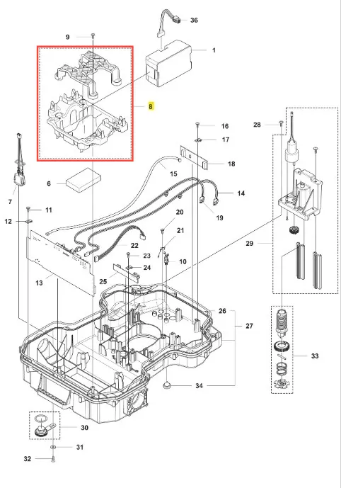 Schemat elementów uchwytu robota koszącego Automower 520 EPOS Husqvarna, z widocznym głównym korpusem i detalami montażowymi. Elementy są przedstawione w układzie z boku, na prostym tle. Widać różne mocowania oraz kable.