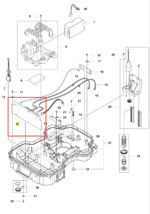Płytka robota koszącego Automower 520 EPOS Husqvarna, widoczna z boku, z elementami elektrycznymi. Zawiera złącza, oznaczenia komponentów oraz kable. Tło proste, co ułatwia skupienie na detalach produktu.