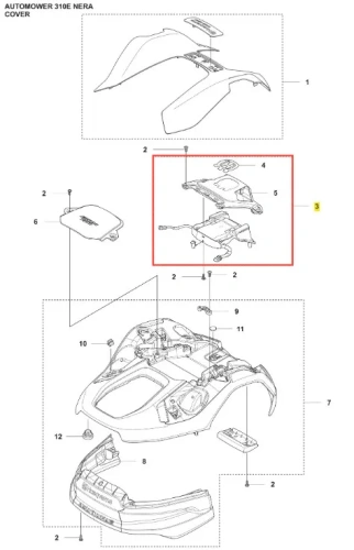 Pokrywa robota koszącego Automower 310E NERA Husqvarna, w kolorze czarnym, wykonana z tworzywa sztucznego. Zbliżenie na kształt pokrywy z wycięciem na logo oraz otworami montażowymi. Element widoczny na schemacie montażowym, włożony z boku.