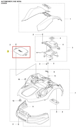 Pokrywa robota koszącego Automower 310E NERA Husqvarna w kolorze czarnym. Widoczna z góry, prostokątna, z lekko zaokrąglonymi krawędziami i rowkami. Na powierzchni widoczne logo Husqvarna. Elementy montażowe u dołu, dopasowany do obudowy robota.