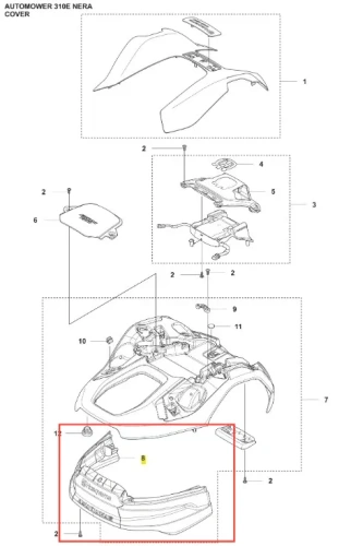 Zderzak robota koszącego Automower 310E NERA Husqvarna, czarny, wykonany z tworzywa sztucznego. Widok z boku, zbliżenie na wyprofilowaną krawędź. Zawiera miejsce na logo producenta i otwory mocujące. Idealny do zastąpienia uszkodzonego elementu.