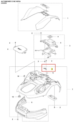Zacisk kabla głównego robota Husqvarna Automower 310E NERA, czarny, prostokątny, plastikowy, umieszczony centralnie w górnej części schematu, pokazuje miejsce mocowania wraz z innymi komponentami.