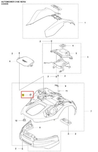 Zacisk robota koszącego Automower 310E NERA Husqvarna, widoczny z góry, w nowej, nienaruszonej formie. Element wykonany z plastiku w kolorze czarnym z logo Husqvarna. Dodatkowe elementy montażowe widoczne wokół, w tym uchwyty i mocowania.