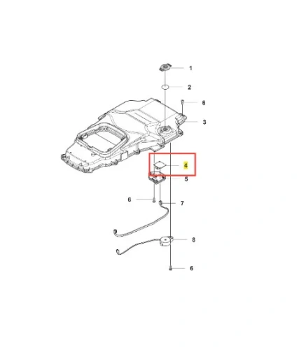 Płytka robota koszącego Automower 310E NERA Husqvarna, przedstawiona na rysunku technicznym, pokazuje złożoną konstrukcję z widoczną komorą, otworami montażowymi oraz elementami jak numer 4 w ramce. Materiał wyglądający na tworzywo sztuczne.