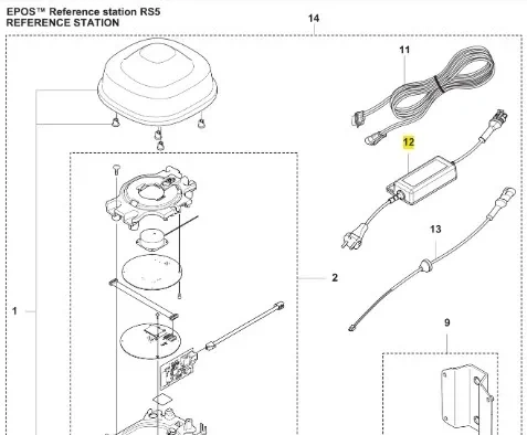 Zasilacz Husqvarna Automower 520 EPOS, widok z góry. Prostokątny, matowy, złączami i etykietą nr 12 na białym tle.