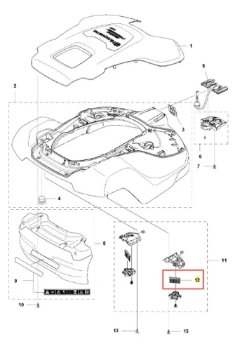 Zestaw szczotek i mocowań do robota koszącego Automower 520 EPOS Husqvarna, widok z góry. Elementy z metalu i plastiku, z logo Husqvarna na etykiecie.