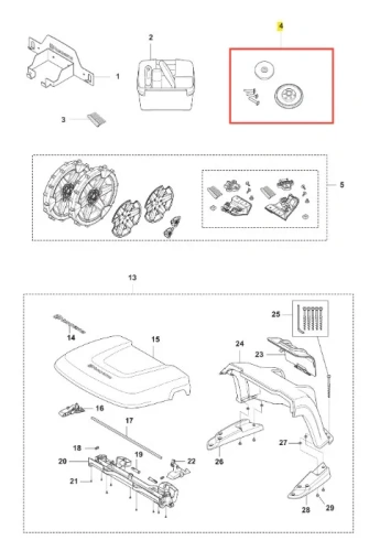 Adapter do robota Husqvarna Automower 520 EPOS z okrągłą tarczą i zestawem mocujących śrubek, na białym tle. Centralnie umieszczona tarcza, widoczne elementy mocowania. Solidne wykonanie i trwałe, szczelne połączenia.