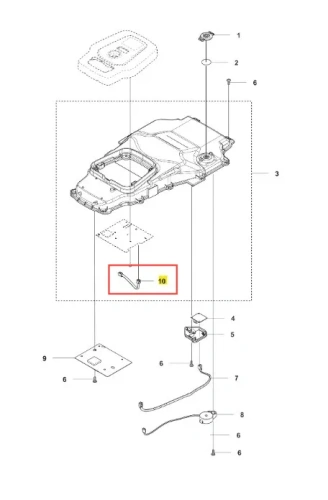 Schemat instalacji elektrycznej robota Husqvarna Automower 410XE NERA z metalowym uchwytem nr 10 i złączami przewodów, przedstawiony w kontekście zestawu z oznaczeniami i numeracją.