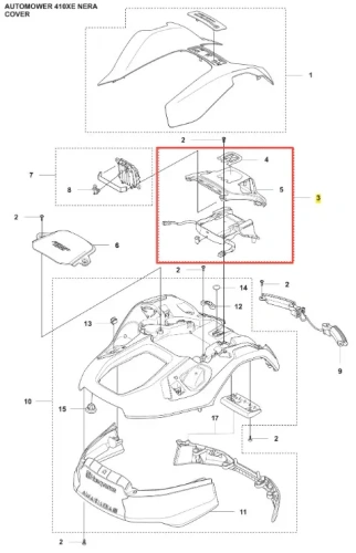 Czarna osłona do robota koszącego Automower 410XE NERA Husqvarna z tworzywa, widok z góry, pokazująca detale montażowe, logo i dopasowane gładkie elementy z wycięciami na mocowania.