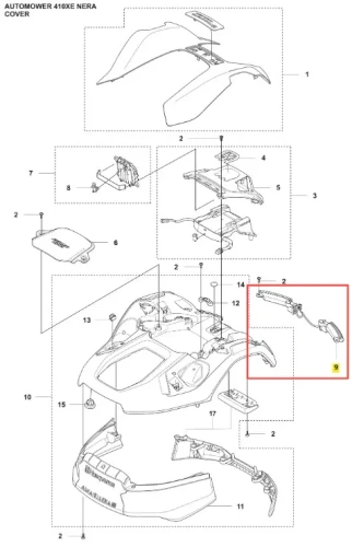 Wiązka robota koszącego Automower 410XE NERA Husqvarna z góry, pokazująca pokrywę, mocowania i logo w kolorach czarnym i srebrnym.