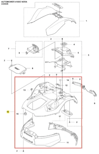 Zestaw nadwozia do robota Husqvarna Automower 410XE NERA, czarny, frontalny widok, złożony. Matowe elementy z połyskiem, otwory montażowe i logo Husqvarna. Numeracja części w tabeli obok.