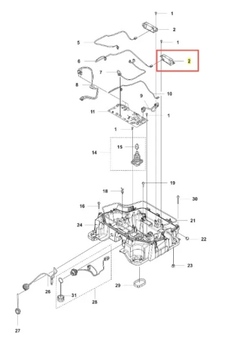 Opis techniczny części do robota koszącego CEORA 544 EPOS Husqvarna. Rysunek przedstawia schemat z widocznym elementem oznaczonym jako 2. Element znajduje się w pozycji złożonej z innych części, na białym tle, z numeracją.