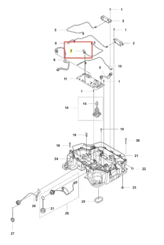Czarny kabel do robota koszącego CEORA 544 EPOS Husqvarna, złącza elektroniczne, widoczny montaż, mocowanie oraz porty, na białym tle.