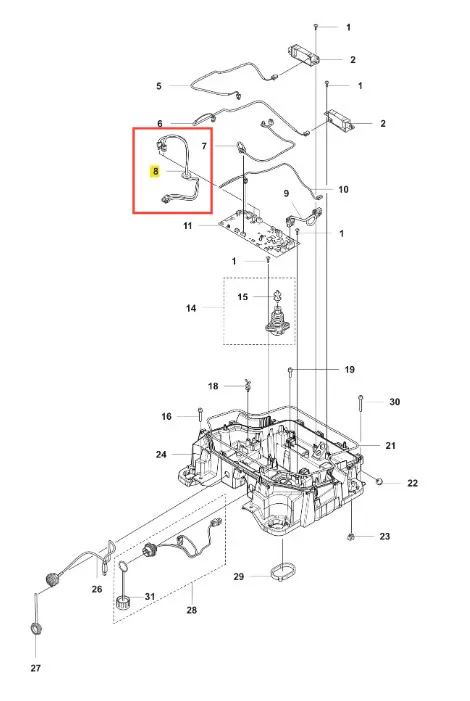 Fragment schematu przedstawiający kabel do robota koszącego CEORA 544 EPOS Husqvarna. Widziany z boku, z wyraźnymi numerami części. Kabel ma prosty kształt i gładką powierzchnię, zaznaczony w czerwonym prostokącie, z widocznymi złączami.
