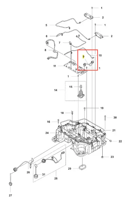 Szkic przedstawiający mechanizm zasilania do robota koszącego CEORA 544 EPOS. Widoczne elementy są w kolorze srebrnym i czarnym, z wyraźnie zaznaczonym detalem. Przedmiot w pozycji leżącej, na białym tle, z numeracją części do identyfikacji.