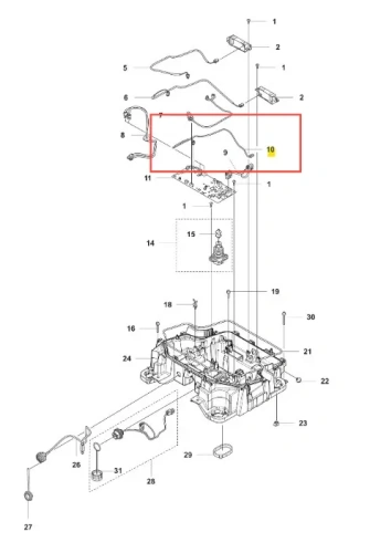 Schemat kabla P3 LED robota koszącego CEORA 544 EPOS Husqvarna z oznaczonymi przewodami, złączami i mocowaniami na białym tle z numerami części.