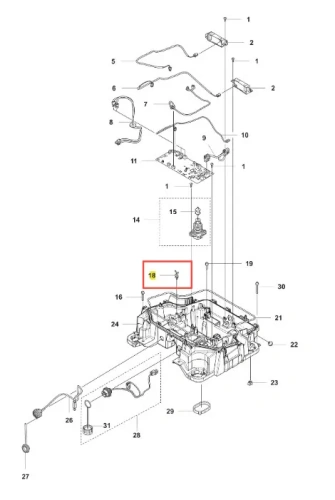 Schemat przedstawiający zespół części do uchwytu robota koszącego CEORA 544 EPOS. Widoczny kluczowy element oznaczony numerem 18, metalowy mocownik z gwintem. Inne części inkluderują przewody oraz elementy montażowe, na białym tle.