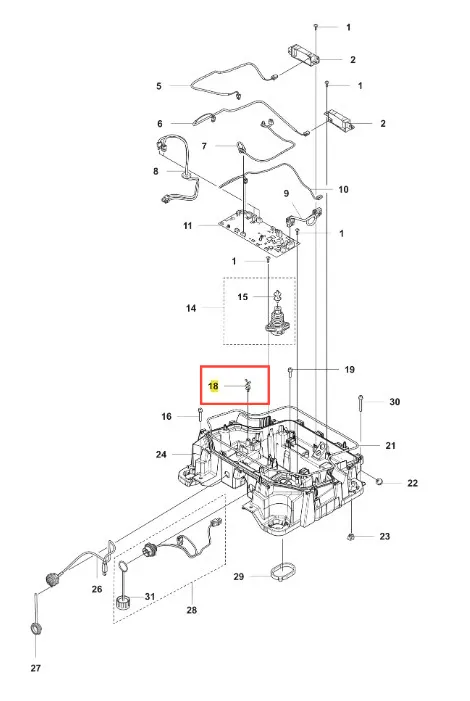 Schemat przedstawiający zespół części do uchwytu robota koszącego CEORA 544 EPOS. Widoczny kluczowy element oznaczony numerem 18, metalowy mocownik z gwintem. Inne części inkluderują przewody oraz elementy montażowe, na białym tle.
