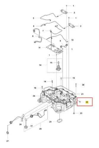 Uszczelka robota koszącego CEORA 544 EPOS Husqvarna, numer 22 na schemacie, prostokątna z tworzywa, widoczna na dole rysunku, oznaczenia i numery części w szarości.