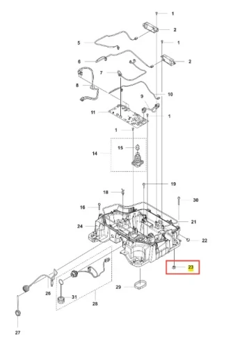 Schemat wkładki robota koszącego CEORA 544 EPOS Husqvarna z korpusem, podzespołami i przewodami. Numer 23 oznacza konkretny detal konstrukcji. Całość w szarym kolorze z wytłaczanymi oznaczeniami.