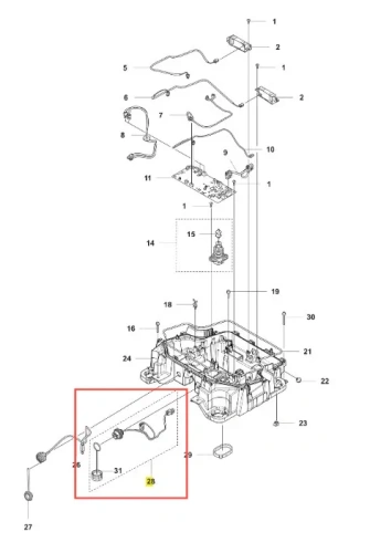 Czarny kabel p3 do robota koszącego CEORA 544 EPOS Husqvarna, ze złączkami, widok z boku, zoom na mocowania i zakończenia, na białym tle z oznaczeniami montażowymi i nr katalogowym 2B.
