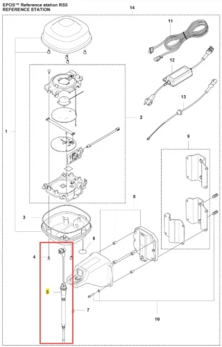 Antena do robota koszącego Automower 520 EPOS Husqvarna w zestawie, wykonana z metalu, ma cylindryczny kształt. Widoczna z boku, montowana do stacji referencyjnej. Szczegóły obejmują mocowanie. Tło proste, białe, na schemacie.