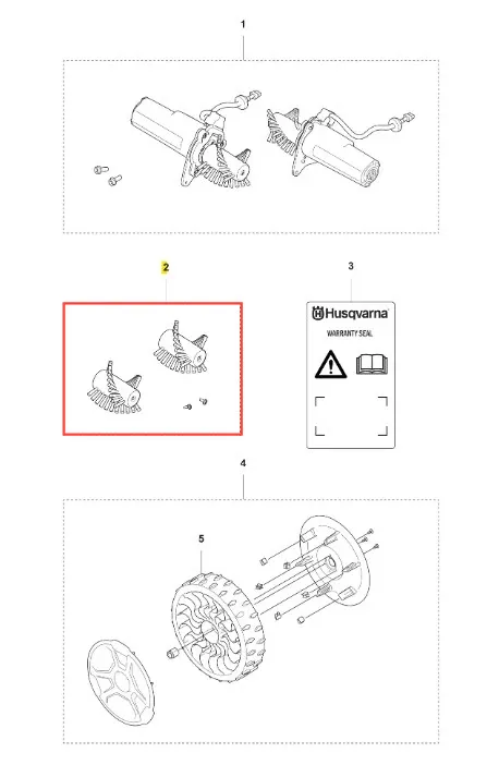 Szczotki kół robota koszącego CEORA 544 EPOS Husqvarna, zbliżenie na dwa elementy, z tworzywa sztucznego, z długimi włosiami. Ułożenie poziome, widoczne mocowania. Tło jednolite, białe. Idealne do wymiany w robotach koszących.