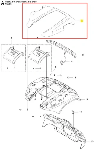 Osłona panelu ceora robota koszącego CEORA 544 EPOS Husqvarna w kolorze szarym. Kąt ujęcia: z góry, ukazujący detale konstrukcyjne, uchwyty oraz miejsca mocowania. Widoczne elementy oznaczone numerami dla łatwego montażu.