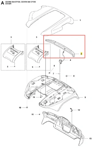 Osłona do robota koszącego Husqvarna CEORA 544 EPOS. W kształcie wydłużonej części, z wyraźnymi mocowaniami. W kolorze szarym z oznaczeniem numeru 2. Widok z góry, eksponujący detale mocowania. Pasuje do modeli CEORA 544 EPOS i 546 EPOS.