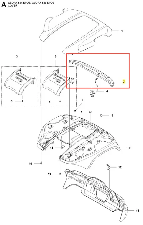 Osłona do robota koszącego Husqvarna CEORA 544 EPOS. W kształcie wydłużonej części, z wyraźnymi mocowaniami. W kolorze szarym z oznaczeniem numeru 2. Widok z góry, eksponujący detale mocowania. Pasuje do modeli CEORA 544 EPOS i 546 EPOS.