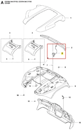 Przewód robota koszącego CEORA 544 EPOS Husqvarna w kolorze szarym. Widoczny z góry, rozłożony, z uwidocznionymi mocowaniami i detalami konstrukcyjnymi. Dokumentacja techniczna przedstawia schemat montażu z numeracją części. Tło białe.