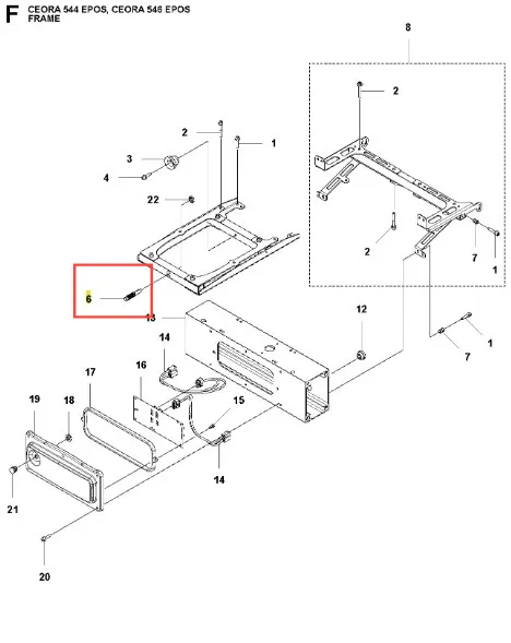 Śruba robota koszącego CEORA 544 EPOS Husqvarna, metalowa, mała, z gwintem. Widoczna w zbliżeniu na ilustracji, znajduje się w zestawie części do montażu. Kolor czarny, z czytelnym numerem katalogowym. Część zamontowana w ramie.
